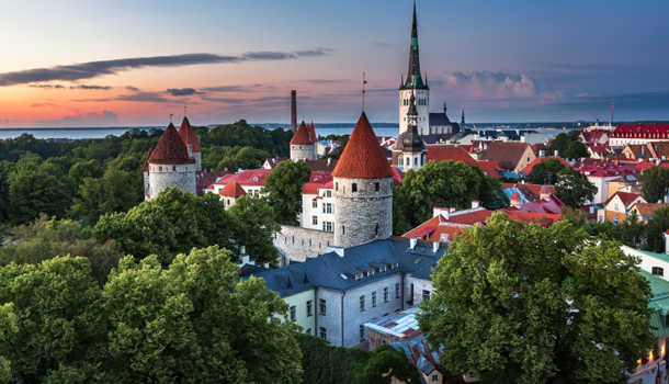 Aerial View of Tallinn Old Town from Toompea Hill in the Evening